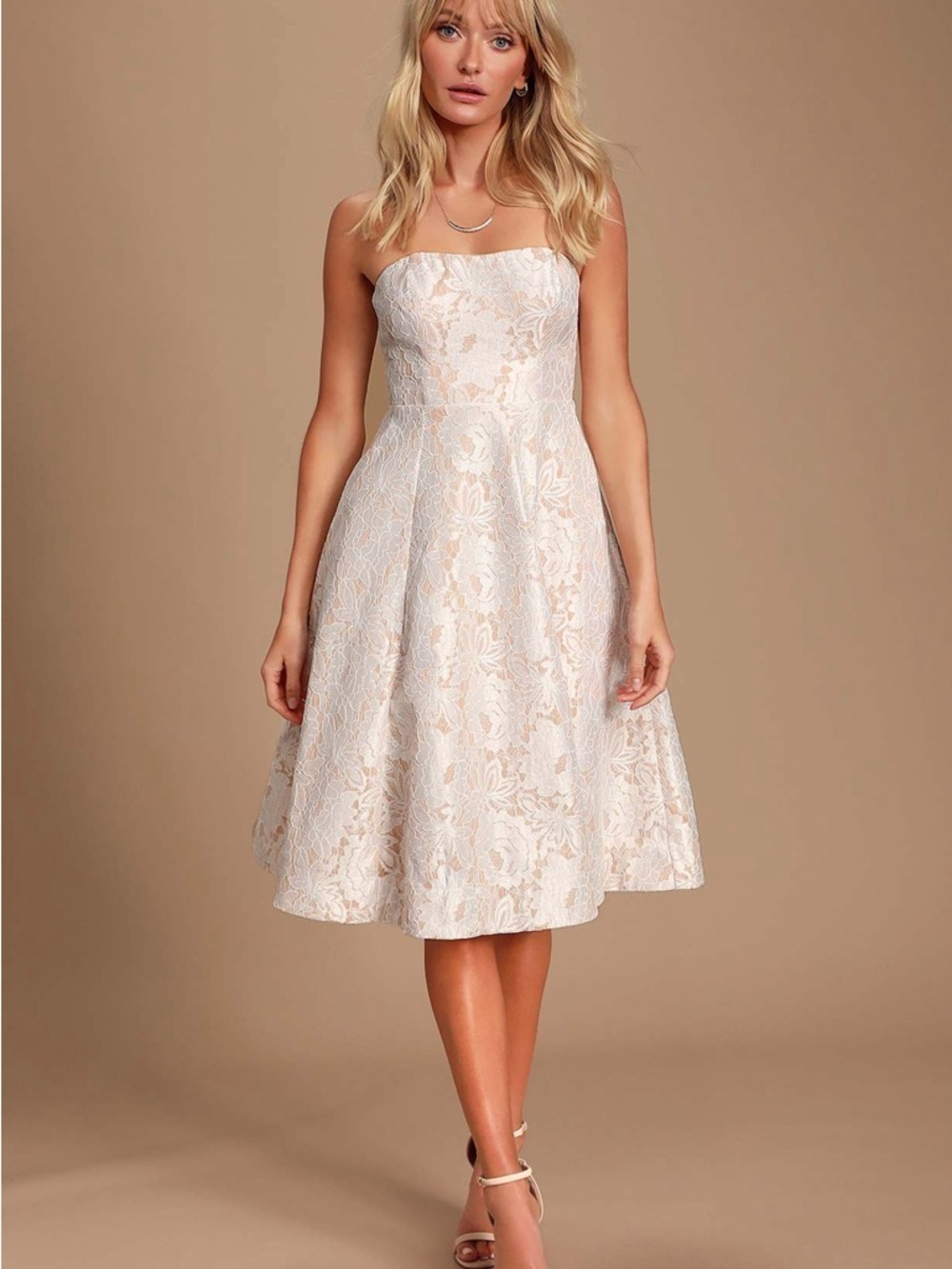 NWT LULUS Give it a Twirl White Lace Strapless Midi Dress (L)